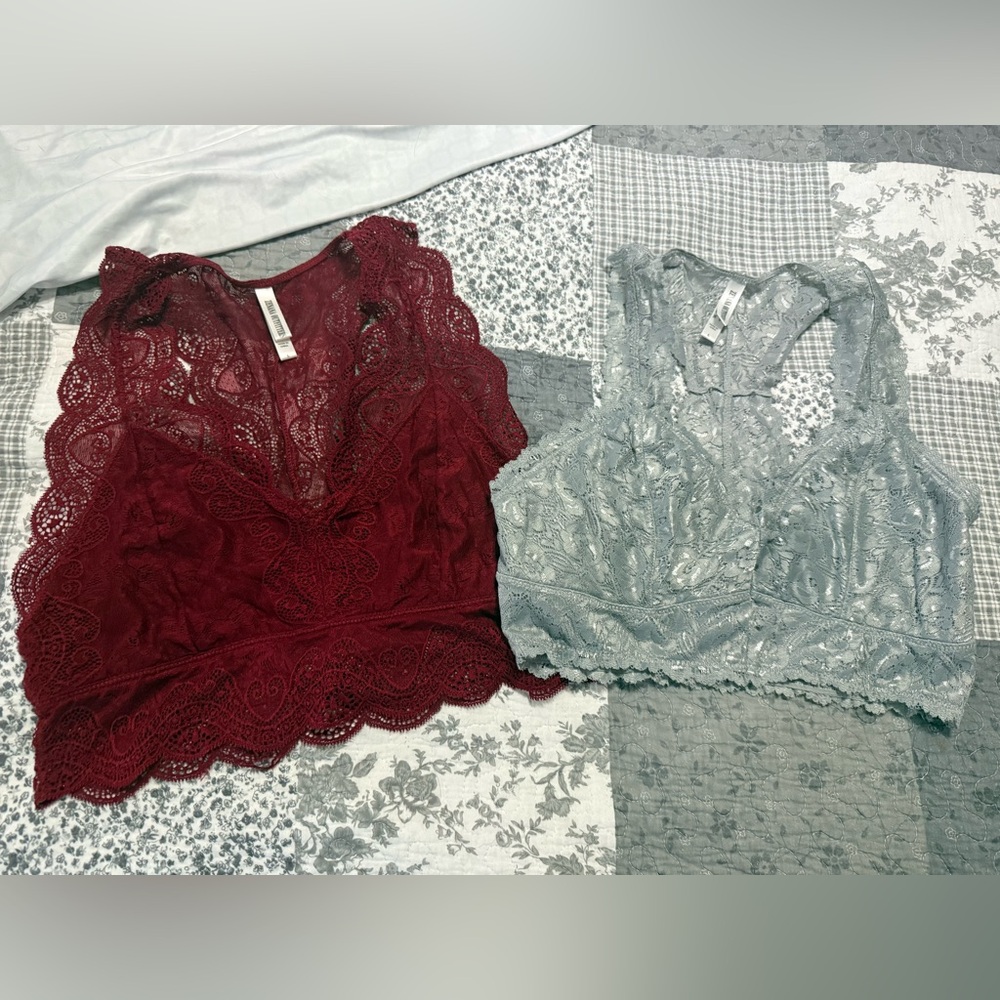 Zenana Outfitters 2 Lace Bralettes- Burgundy and Light Gray L